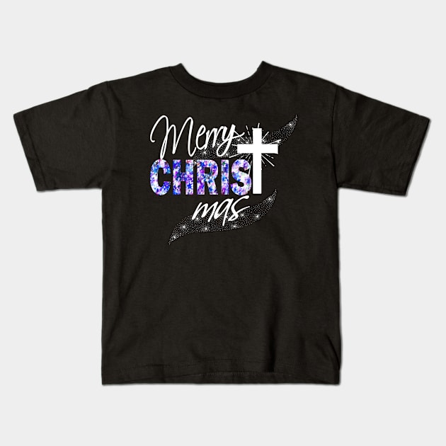 Merry Christmas Blue Cross-Christian Christmas Kids T-Shirt by Kimmicsts